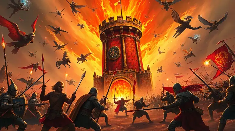 Torre infernal rodeada de batalla medieval intensa