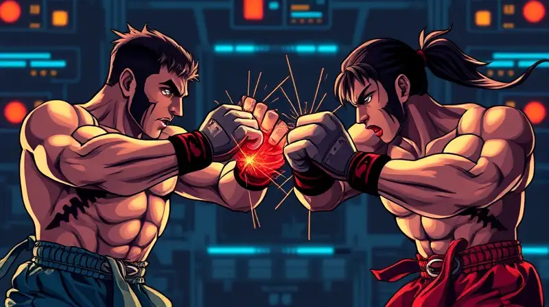 Dos luchadores intensos en fondo futurista