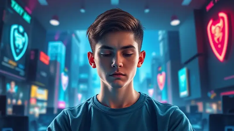Joven concentrado medita en ambiente gamer futurista