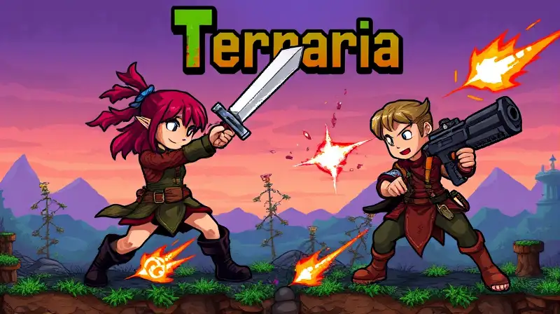 Personajes de Terraria luchan en acción vibrante