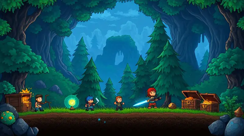 Personajes RPG exploran bosques y cuevas mágicas