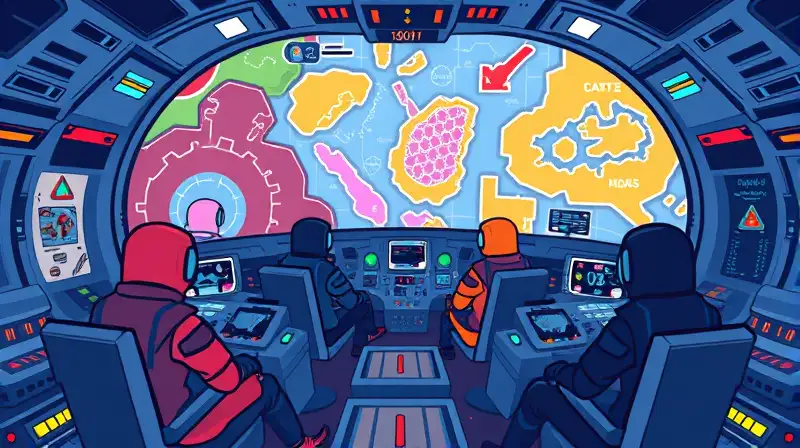 Tripulantes coloridos realizan tareas en nave
