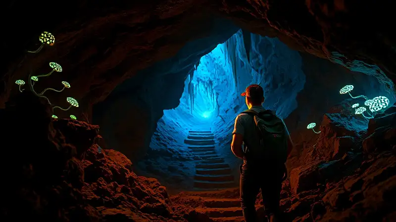 Aventurero explora cueva con hongos brillantes