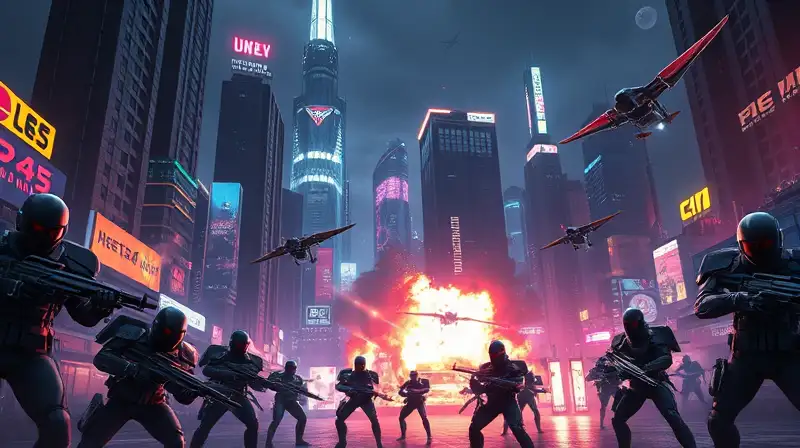 Batalla futurista nocturna en ciudad cyberpunk