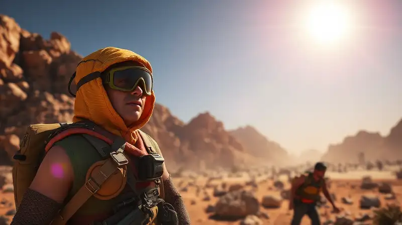Superviviente en desierto rocoso bajo sol