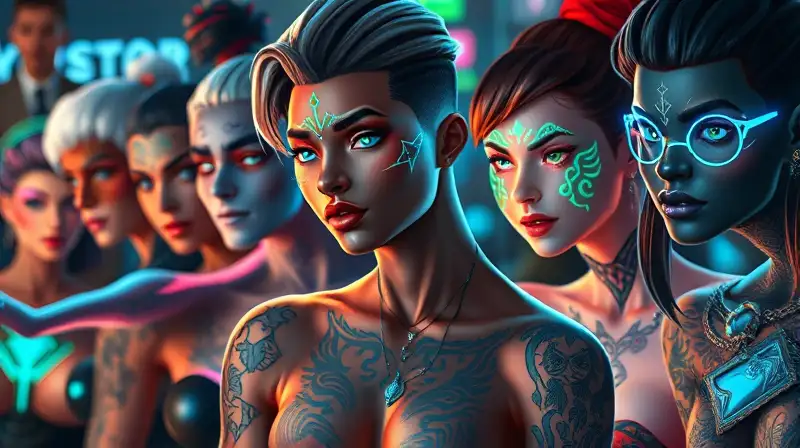 Personajes diversos con tatuajes y hologramas