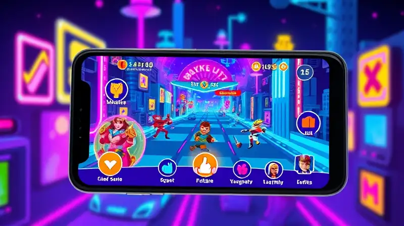 Smartphone muestra juego arcade colorido y vibrante