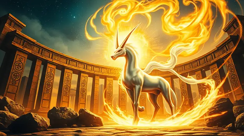 Arceus brillante en ruinas antiguas místicas