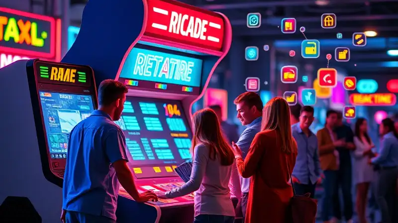 Máquina arcade futurista con gente colaborando