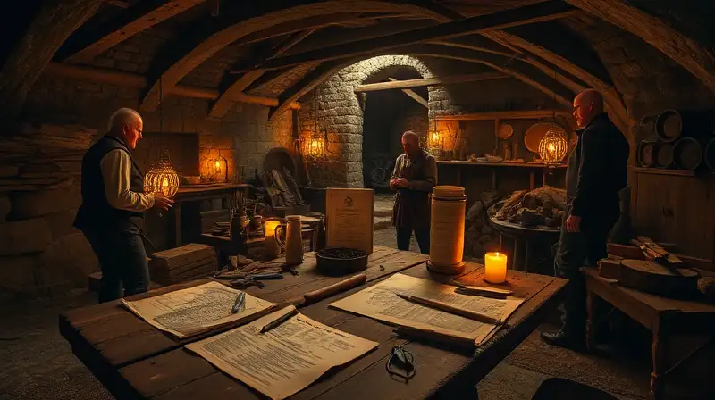 Construcción subterránea medieval con artesanos concentrados
