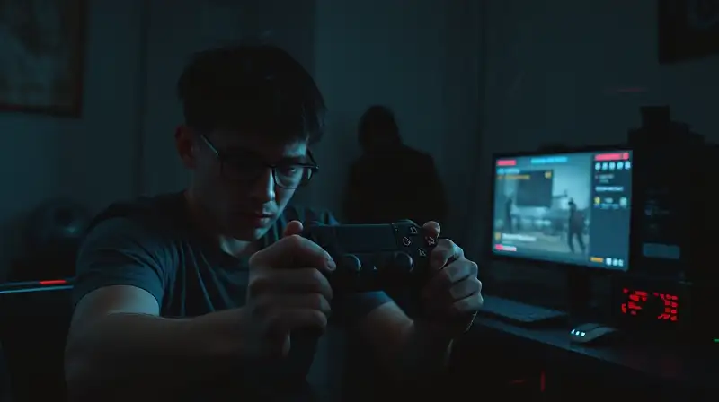 Gamer frustrado frente a juego pixelado y glitch