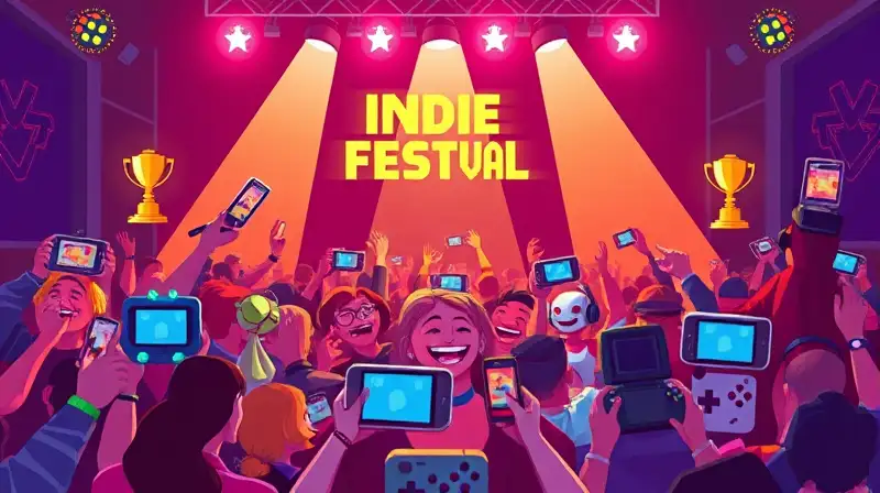 Personajes indie en festival retro colorido