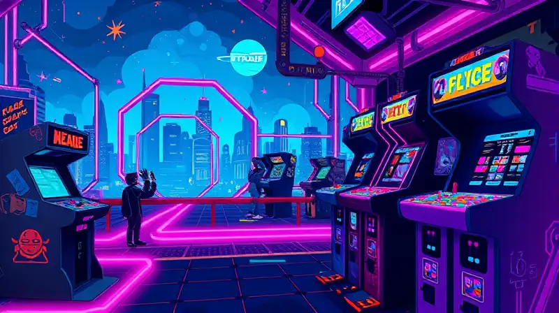Máquina arcade con historia y ciudad futurista