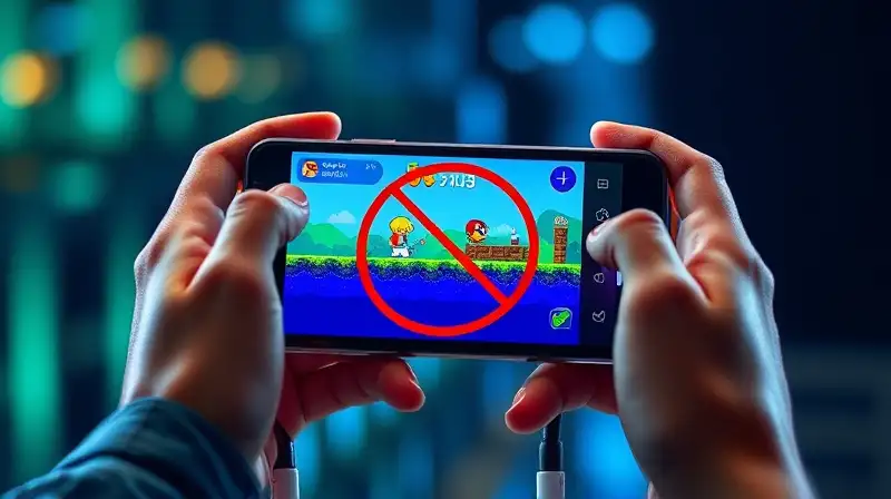 Mano sostiene móvil con juego pixelado
