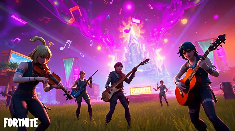 Escena vibrante de Fortnite con música