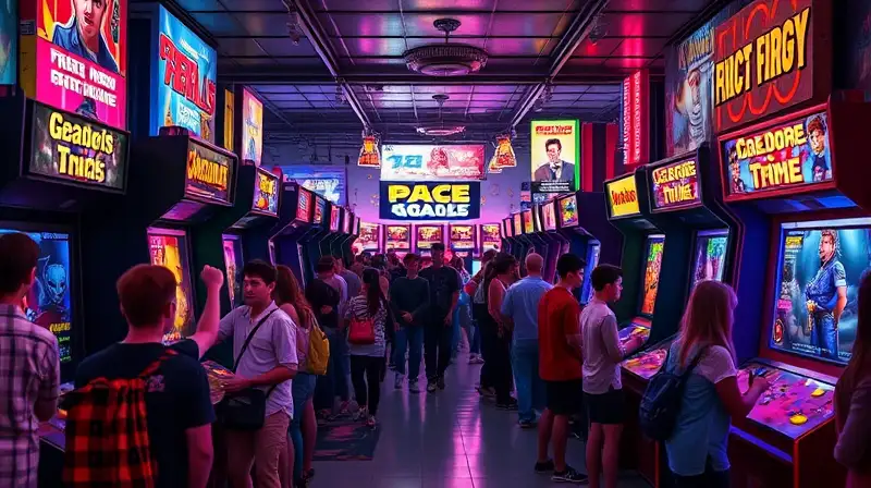 Arcade retro con personajes y luces neón