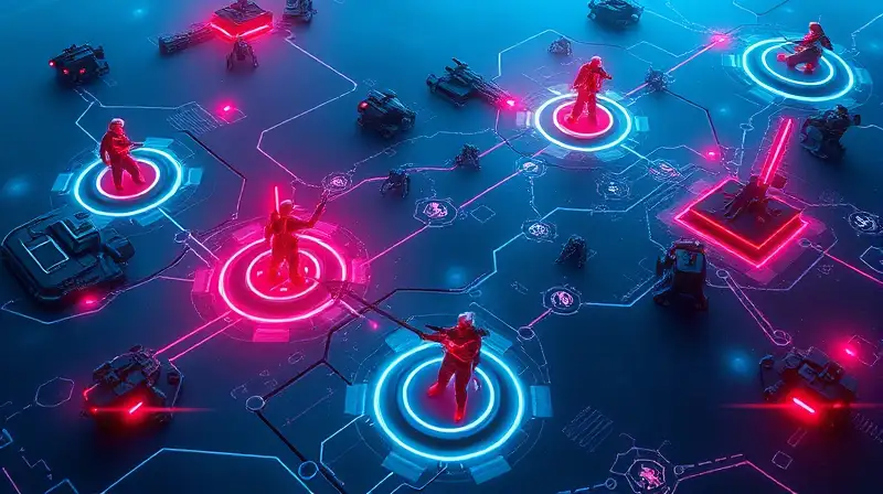 Mapa futurista de batalla con controles brillantes
