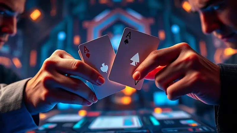 Manos con cartas y hologramas futuristas