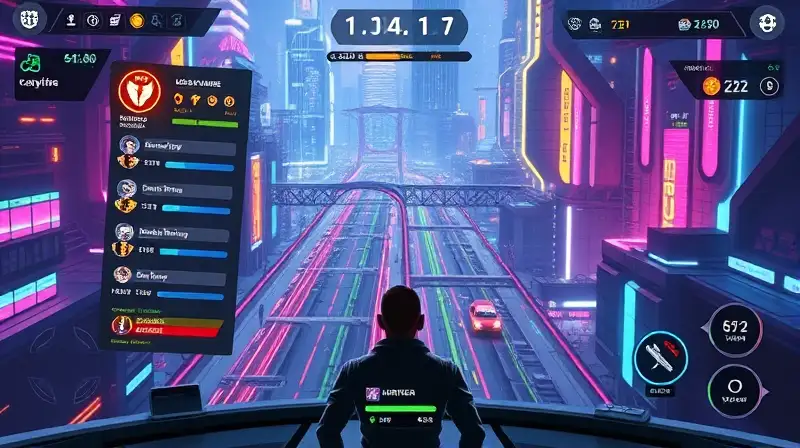 Interfaz futurista vibrante con juego competitivo