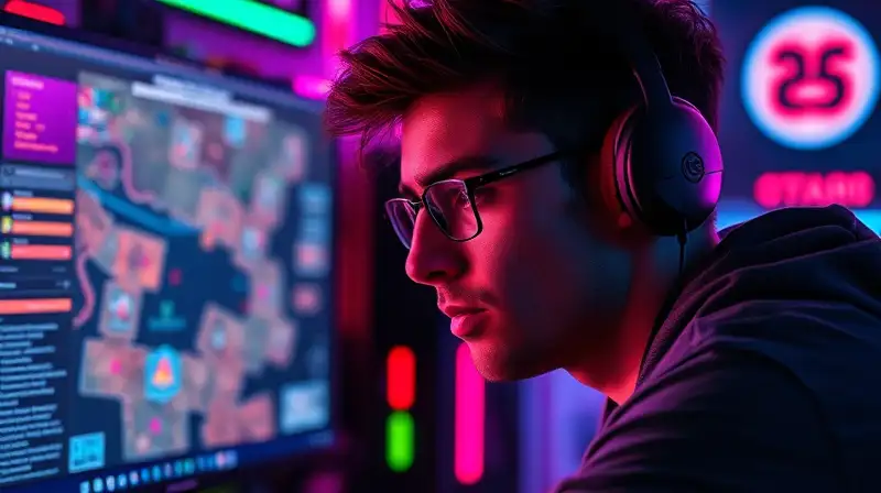 Gamer concentrado con mapas y luces tácticas