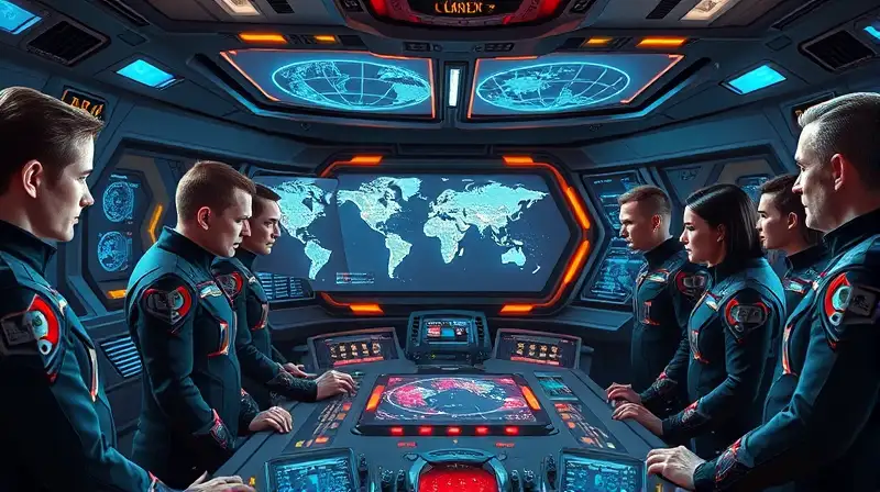 Tripulación espacial observa mapas holográficos futuristas