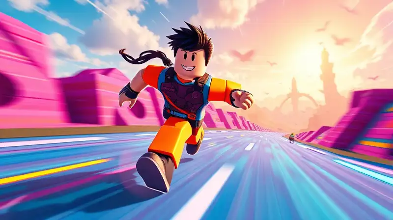 Avatar de Roblox corriendo en paisaje vibrante