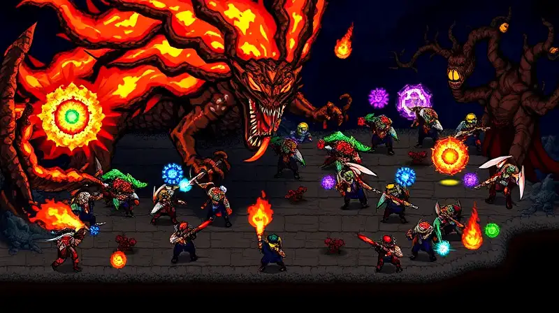 Batalla caótica en mazmorra mágica pixelada