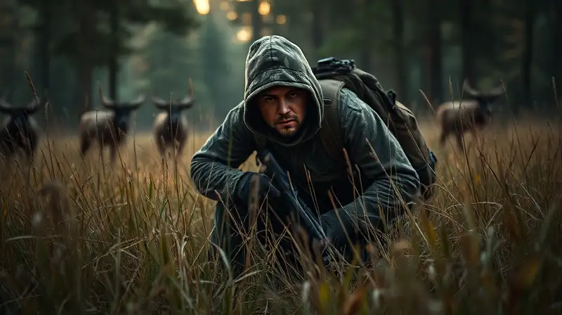 Cazador sigiloso camuflado en bosque al amanecer