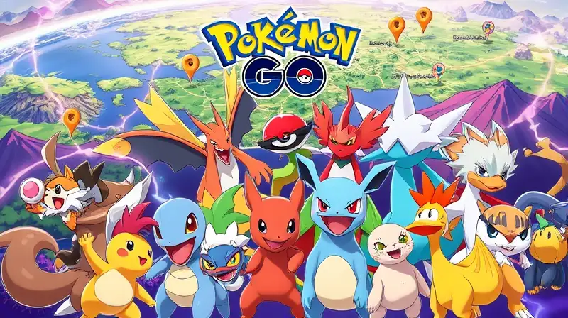 Pokémon regionales vibrantes en mapa colorido