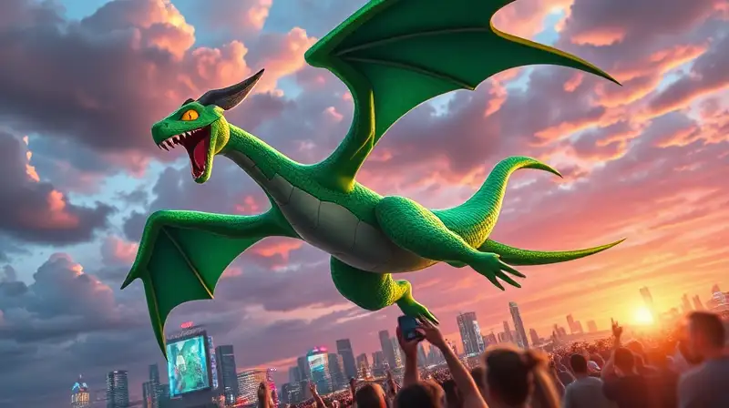 Rayquaza vuela sobre ciudad al atardecer