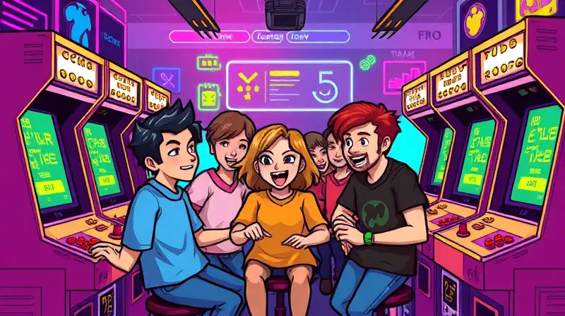 Jugadores cooperativos disfrutan arcade retro vibrante