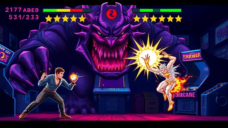 Jefe arcade pixelado en combate vibrante