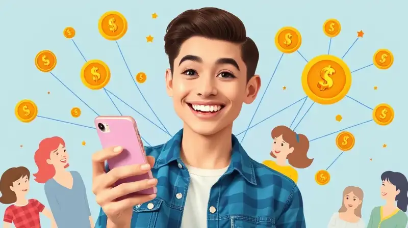Persona sonriente con móvil y juegos coloridos