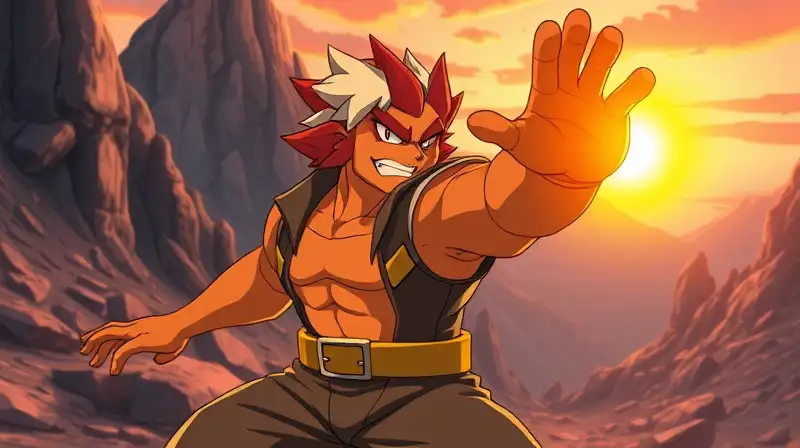 Brock en pose dinámica con aura ígnea
