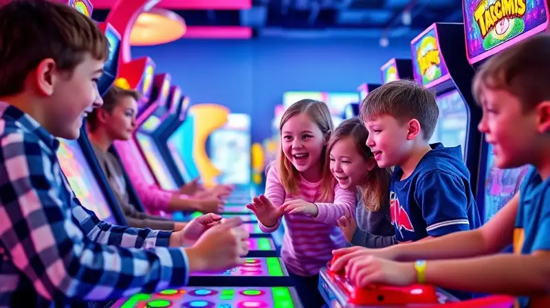Niños colaboran jugando en arcade moderno
