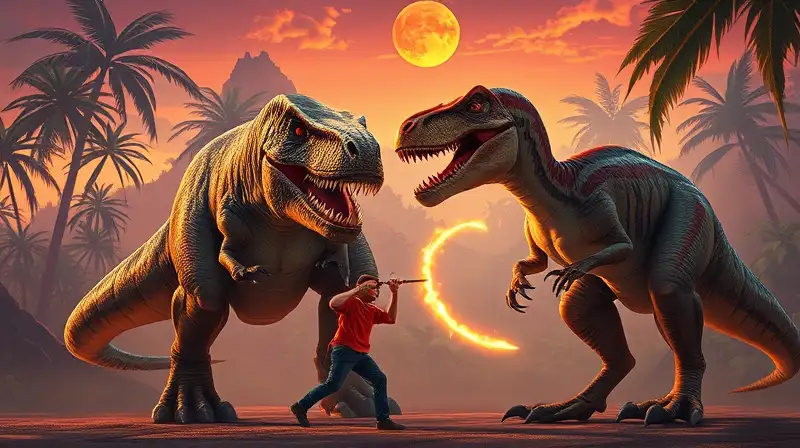 Persona doma dinosaurios en jungla vibrante