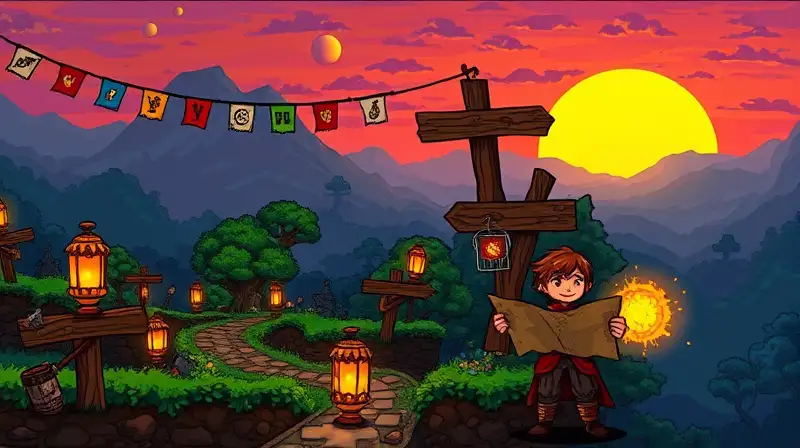 Paisaje vibrante de Terraria con luces mágicas