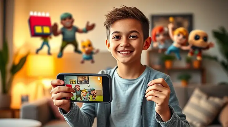 Joven gamer sonríe entre familia y juego