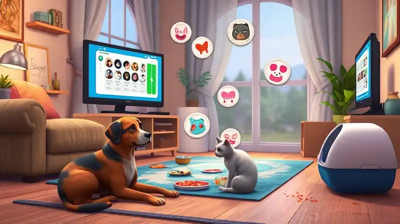 Sala acogedora con mascotas digitales caóticas