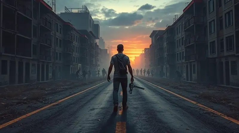 Superviviente solitario enfrenta zombies en ruinas