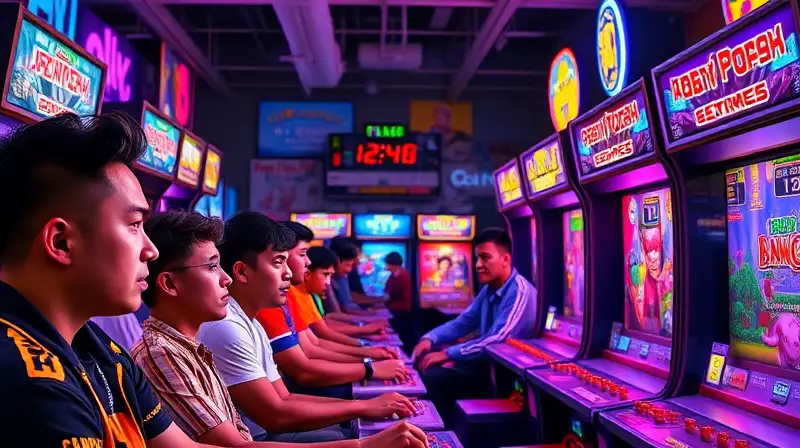 Sala arcade vibrante con jugadores concentrados
