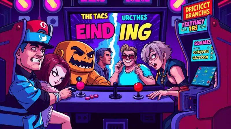Personajes arcade retro con finales variados