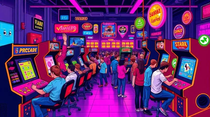 Personajes arcade pixelados en ambiente retro