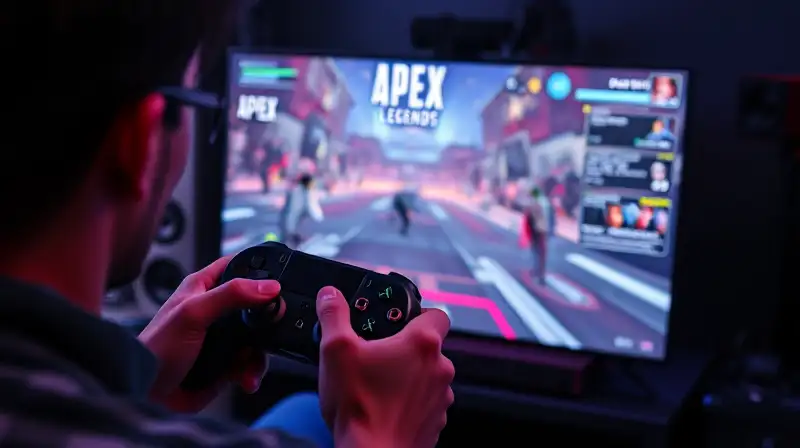 Jugador concentrado con consola y juego Apex