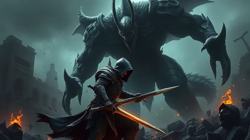 Cazador feroz enfrenta monstruo enorme oscuro