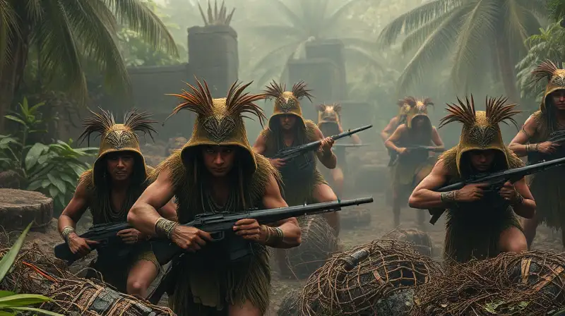 Guerreros tribales camuflados en jungla estratégica