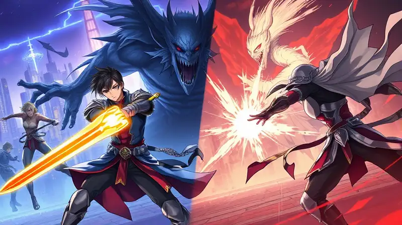 Batalla RPG intensa con héroe y sombras