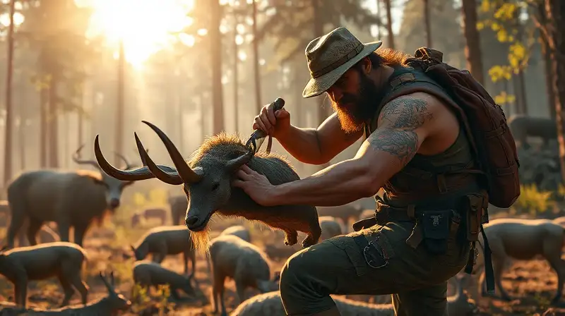 Personaje Rust cazando en bosque postapocalíptico