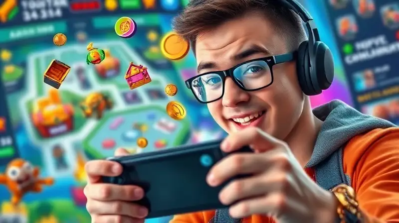 Gamer en consola portátil colecciona recursos rápido