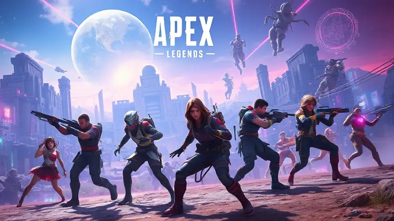 Personajes de Apex en batalla futurista vibrante
